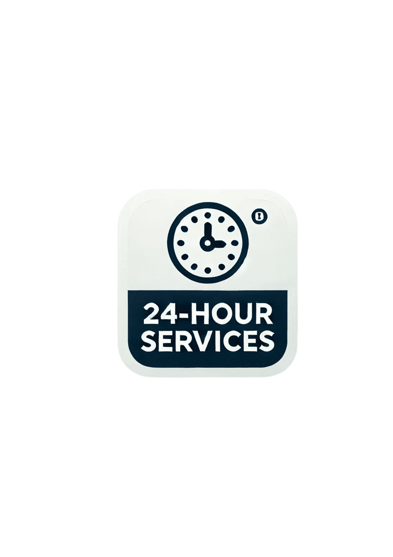 24-Hour Services icon featuring a clock showing 10 o'clock, with bold text reading '24-HOUR SERVICES' in dark blue and white color scheme.